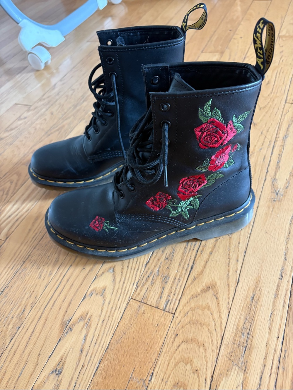 Dr. Martens Black Lace-Up Boots with Red Rose Embroidery - Picture 3 of 9